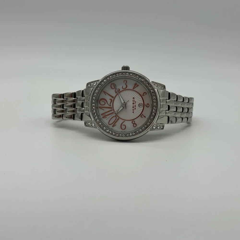 Akribos XXIV AK586SS Womens Watch 33mm White Dial Crystal Bezel New Battery 7.5